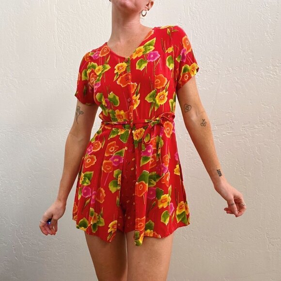 Vintage 1980/90's Red Floral Printed Button Up Playsuit Romper Dress - Picture 5 of 9